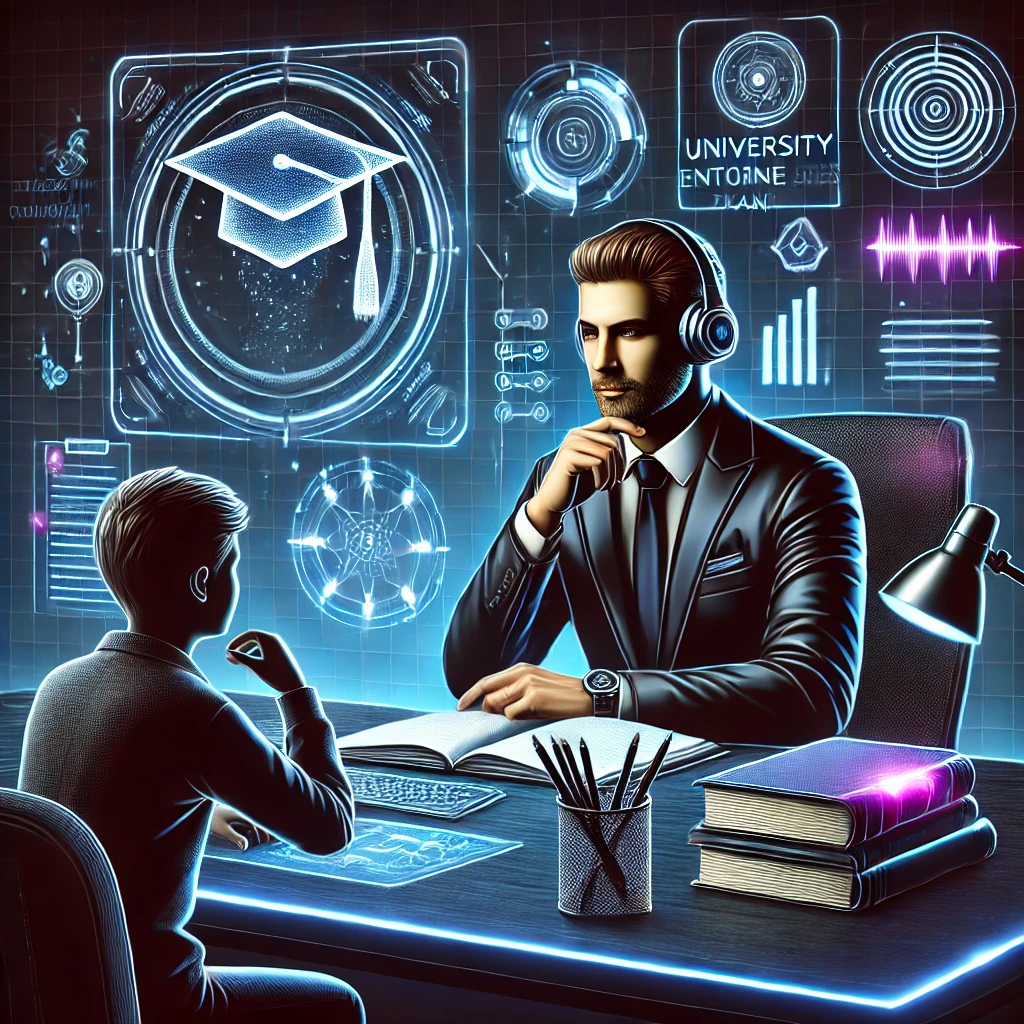DALL·E 2025-02-01 18.57.54 - A dark-themed modern illustration for an educational counseling website focused on university entrance exams. The image should feature a knowledgeable